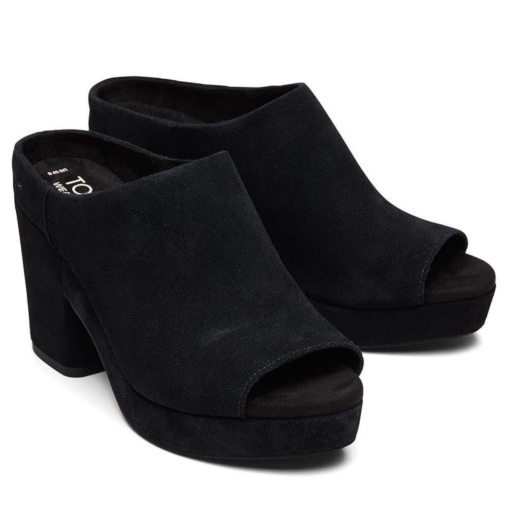 Toms Black Suede Open-Toe Platform Mules